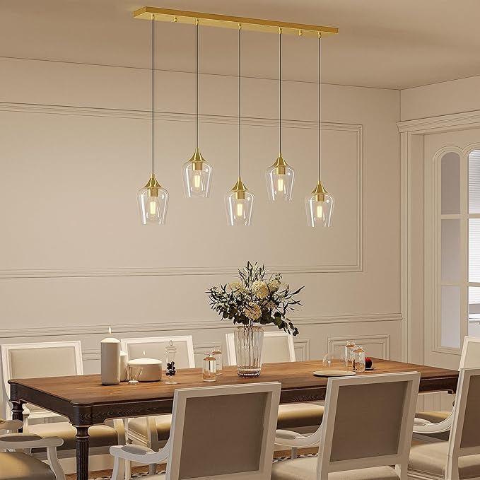 VONLUCE Pendant Lights Kitchen Island, Brushed Gold Pendant Light Fixtures with E26 Base & Adjustable Cable, Modern Pendant Lighting with Glass Shade for Living Room Bedroom Hallway, 5-Light
