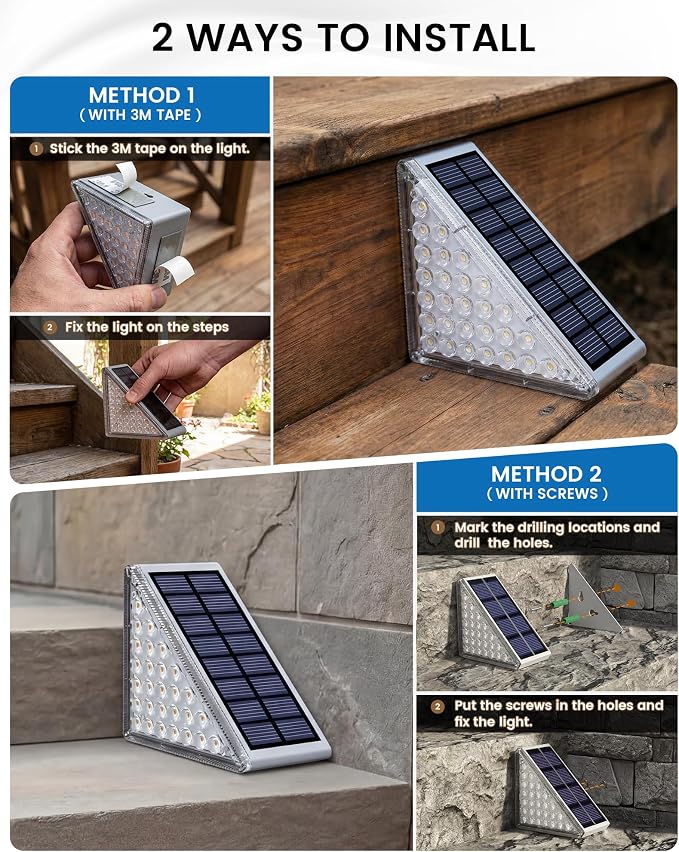 NIORSUN Outdoor Step Lights, Upgraded 28 LEDs 2 Brightness Modes, IP67 Waterproof Solar Stair Lights for Outside Steps, 1200mAh Battery Long Runtime Warm White for Patio Deck Yard Porch, 6 Pack