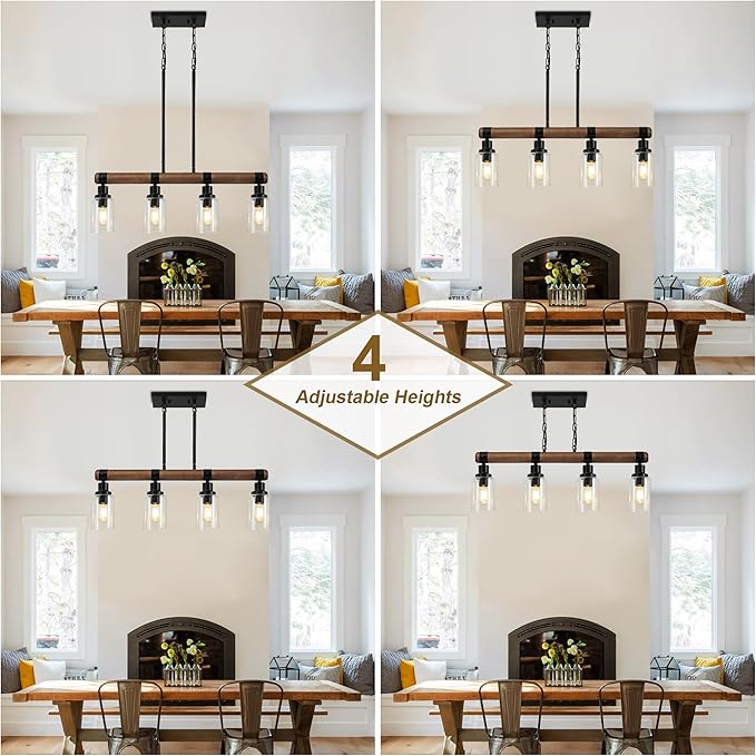 Dining Room Chandelier Over Table, 4-Light Farmhouse Kitchen Island Lighting, Matte Black Rustic Wood Chandelier with Clear Glass Shade, Ceiling Pendant Light Fixture for Kitchen
