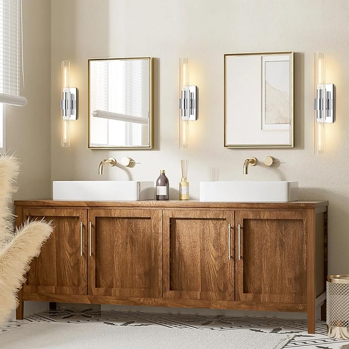 Wall Sconces Set of 2, 22.8" Chrome Bathroom Sconces, Indoor Sconces Lighting with Glass, Nickel Vanity Lights with Tube, Dimmable Bedroom Bedside Wall Light for Dressing Table Staircase