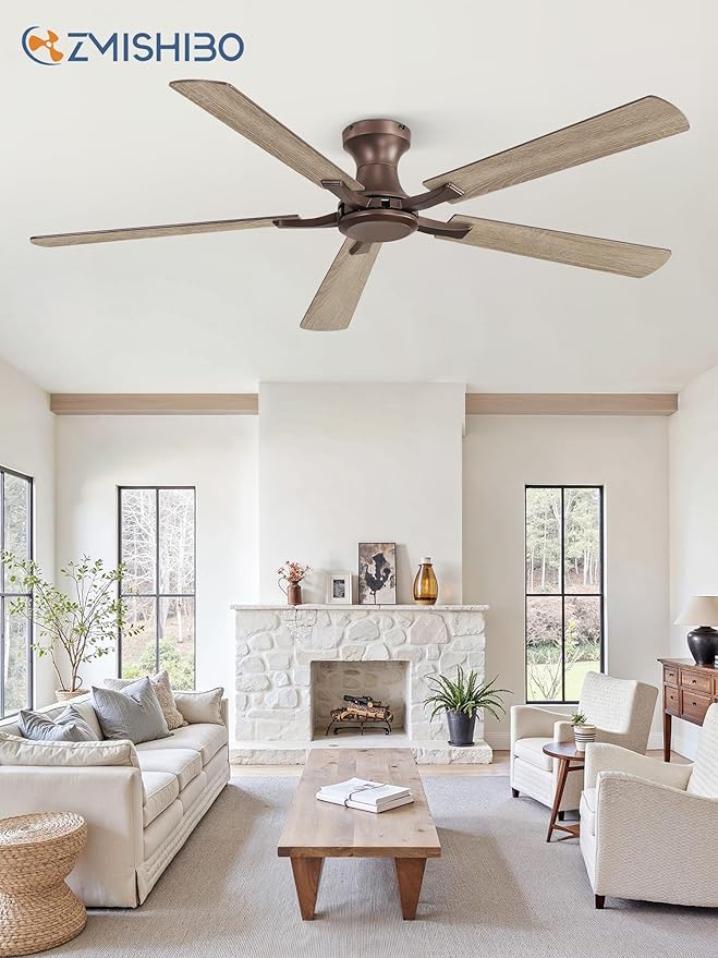 ZMISHIBO 60 Inch Ceiling Fan No Light, Flush Mount Low Profile, Farmhouse Brown Ceiling Fan Without Light, Remote Control & Quiet DC Motor, for Indoor&Outdoor, Bedroom, Living Room