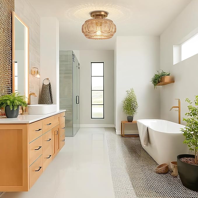 Semi Flush Mount Ceiling Light, Amber Globe Glass Ceiling Light Fixture, Art Deco Kitchen Lighting fixtures Ceiling for Hallway Porch Corridor Bedroom, Bulb Not Included