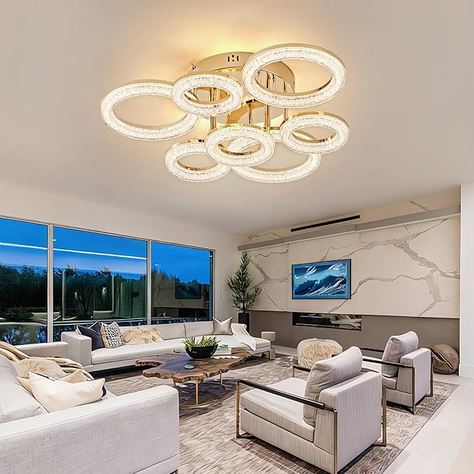 OKELI Modern Ceiling Light, 7 Rings 23'' Dimmable LED 106W Flush Mount Ceiling Lights with Remote Acrylic Crystal Round Ceiling Light Fixture, Bedroom Living Room Dining Room, Gold
