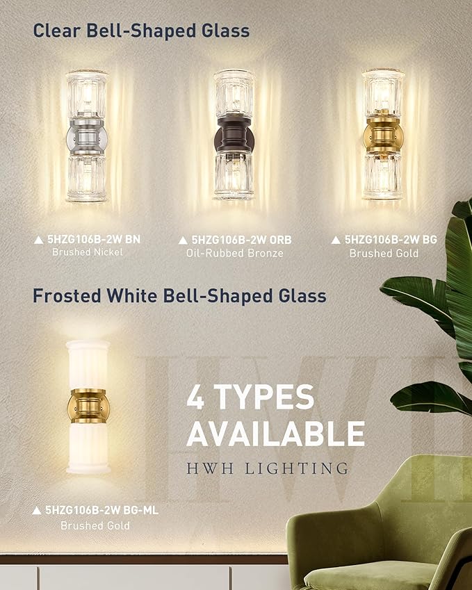 Gold Sconce Wall Lighting, HWH Indoor Bathroom Sconces with Frosted White Bell-Shaped Glass, Up and Down Vanity Lights Fixtures for Bathroom, Gold Finish, 5HZG106B-2W BG-ML