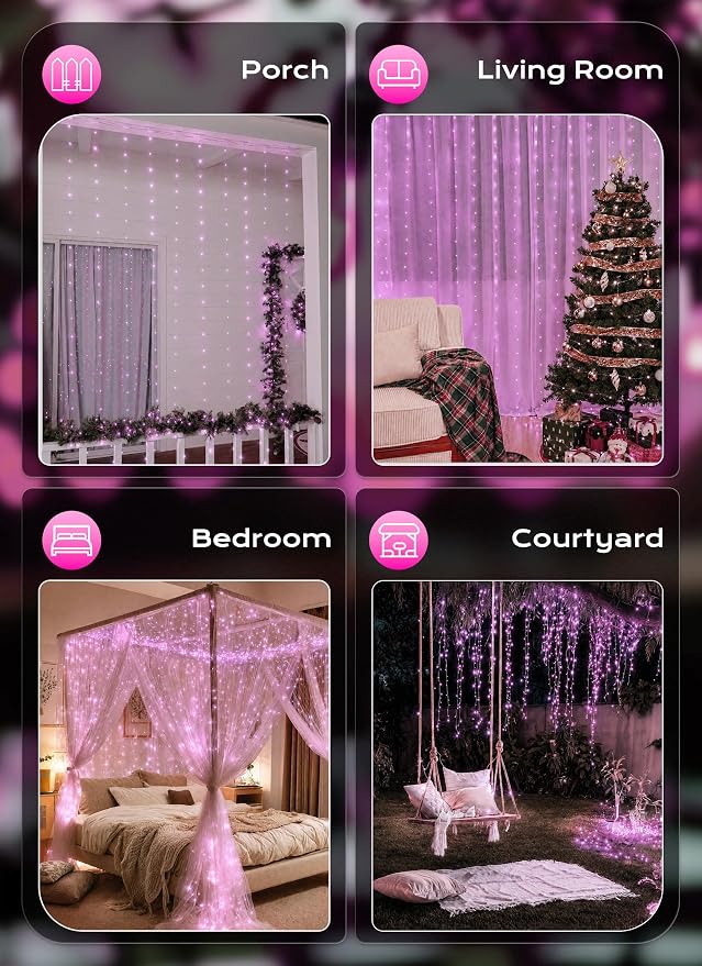 Brightown 300 LED Pink Fairy Curtain Lights, 9.8ft x 9.8ft String Lights, USB Plug in 8 Lighting Modes Christmas String Hanging Lights with Remote for Bedroom Indoor Outdoor Party Xmas Pink 1 Pack