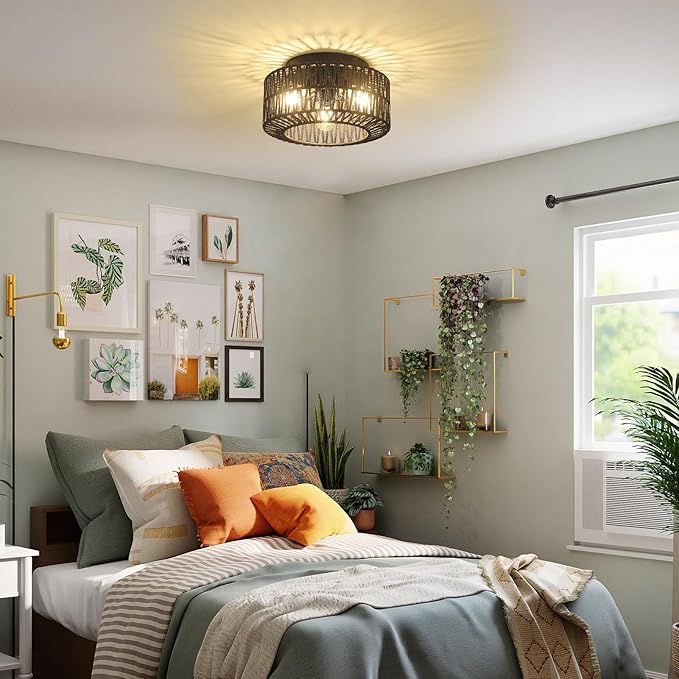 Rattan Light Fixtures, 3-Light Boho Flush Mount, Farmhouse Ceiling Light with Hand-Woven Shade, Modern Chandelier for Living, Bedroom, Entryway, Kitchen, Nursery