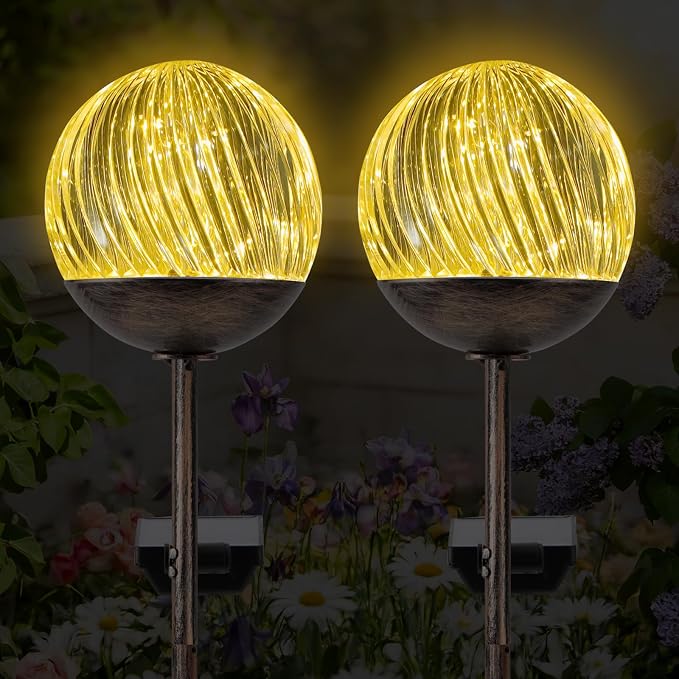 Solar Globe Stake Lights - Twinkle Effect Outdoor Acrylic Ball Garden Lights , Elegant Solar Light,Exquisite Garden Solar Balls light for Yard, Pathway, Patio, gifts for Mom (Bronze stake, 2 pack)