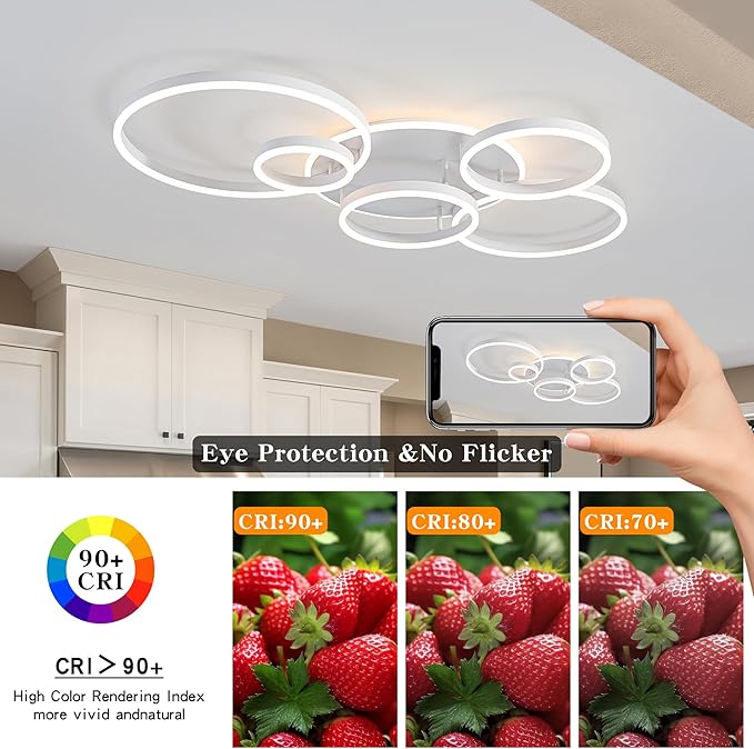 O'NEELDY Modern LED Ceiling Light White Flush Mount Ceiling Lights Fixtures Dimmable 47" Dining Room Light Fixture with Remote 6 Rings Kitchen Lighting Fixtures Ceiling Lamp for Bedroom,Living Room