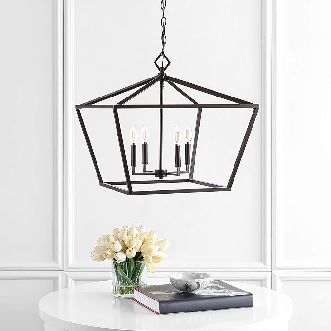JONATHAN Y 23" Oil Rubbed Bronze 4-Light Rustic Glam Adjustable Iron LED Pendant, Open Cage Lantern Hanging Light for Dining Room, Kitchen Island, Foyer, Farmhouse French Country (JYL7520B)