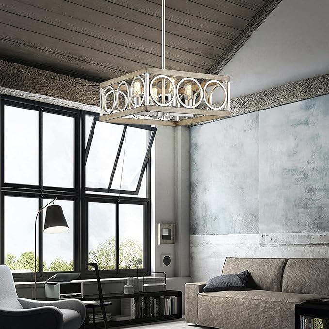 XINGQI Modern Chandelier Square 4-Light, Farmhouse Pendant Lighting Fixture for Dining Room Living Room Bedroom Kitchen Island,Antique Wood Grain+Brushed Nickel Metal Ceiling Lamp