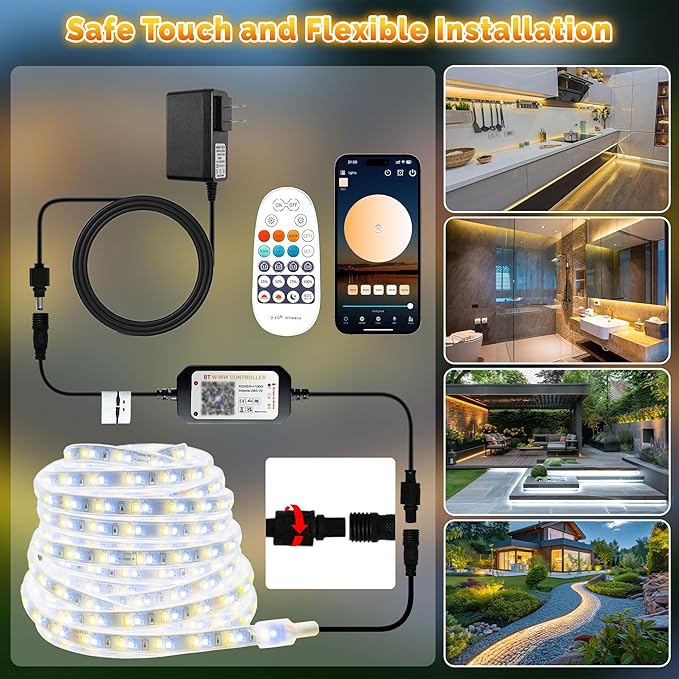 65.6FT Outdoor LED Strip Lights Waterproof IP67, Dimmable 3000K-6500K Warm White LED Rope Lights Outdoor Waterproof with Remote & APP, 24v Adhesive Exterior Lighting for Patio, Deck, Gazebo