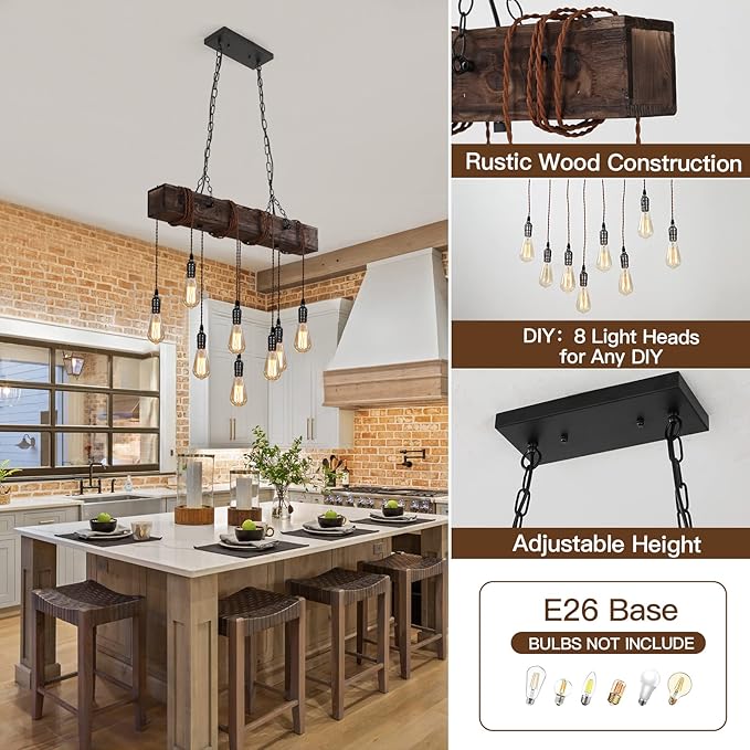 KEESFU 8-Lights Rustic Chandeliers for Dining Room, Farmhouse Wooden Ceiling Pendant Light, Height Adjustable, Rectangle Chandelier for Kitchen Island Dining Room Bar Pool Table Cabin.