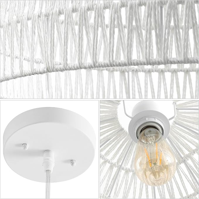 JONATHAN Y 20" White Modern Bohemian Woven Rope LED Pendant Light Fixture, Adjustable Dome Ceiling Lamp for Kitchen Island, Rope Shade, Coastal Farmhouse Decor (JYL6504E)