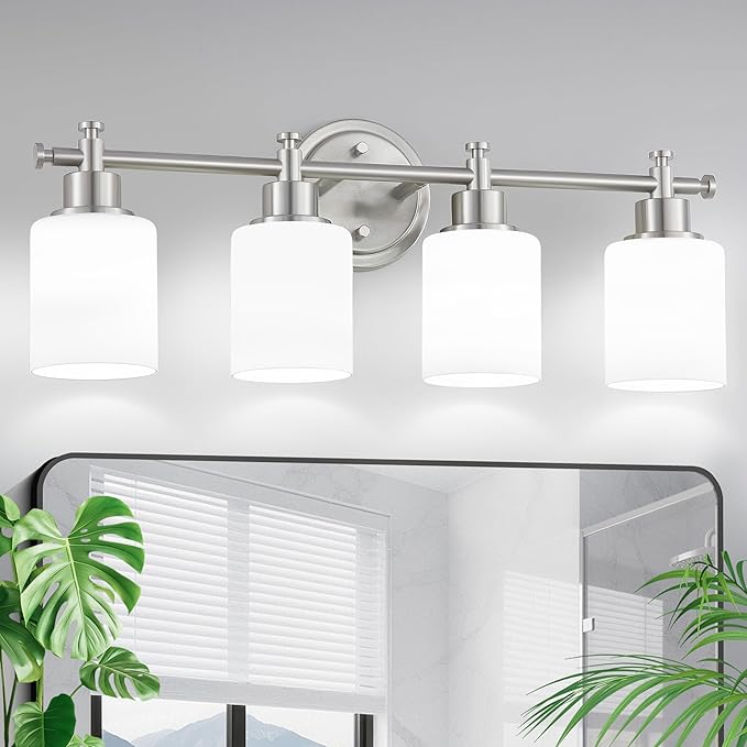 4-Light Bathroom Vanity Light, Brushed Nickel Vanity Light Fixture with White Frosted Glass Shades, Modern Anti-Rust Wall Sconce Over Mirror, Bathroom, Hallway (Bulbs Not Included, E26 Base)