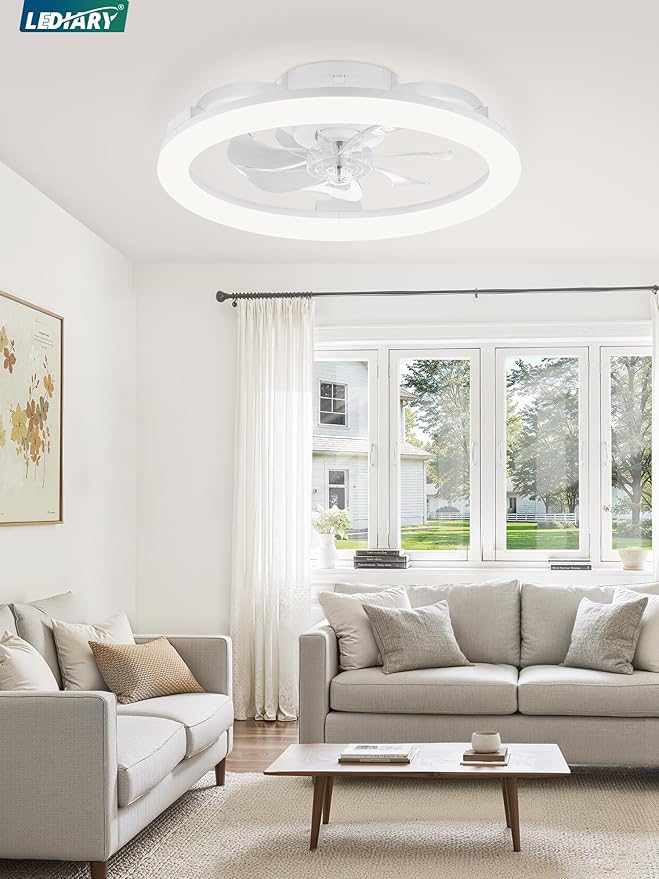 LEDIARY 20 Inch Low Profile Ceiling Fans with Lights and Remote, Dimmable Modern Fan Light(3000K-6000K), 6 Speed, Reversible, APP & Remote Control, Flush Mount Ceiling Fan for Bedroom, White