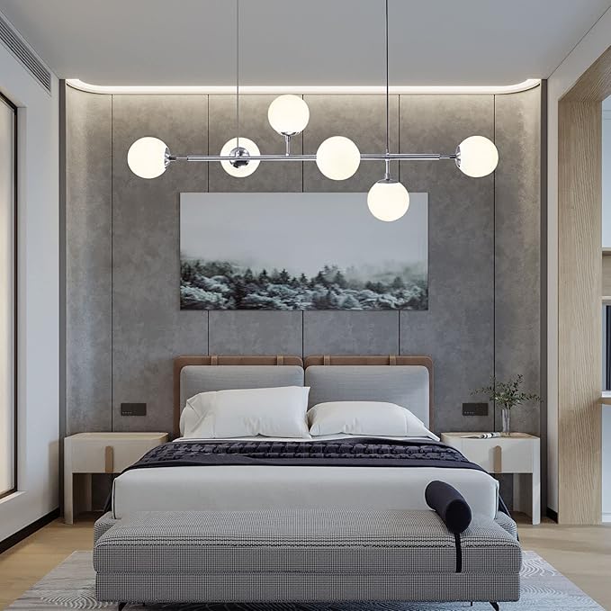 BOKT Modern 6-Light Ceiling Pendant Lighting Mid-Century Large Globes Sputnik Chandelier Brushed Nickel Milk Glass Globe Linear Pendant Light Dining Room Flush Mount Ceiling Lamp