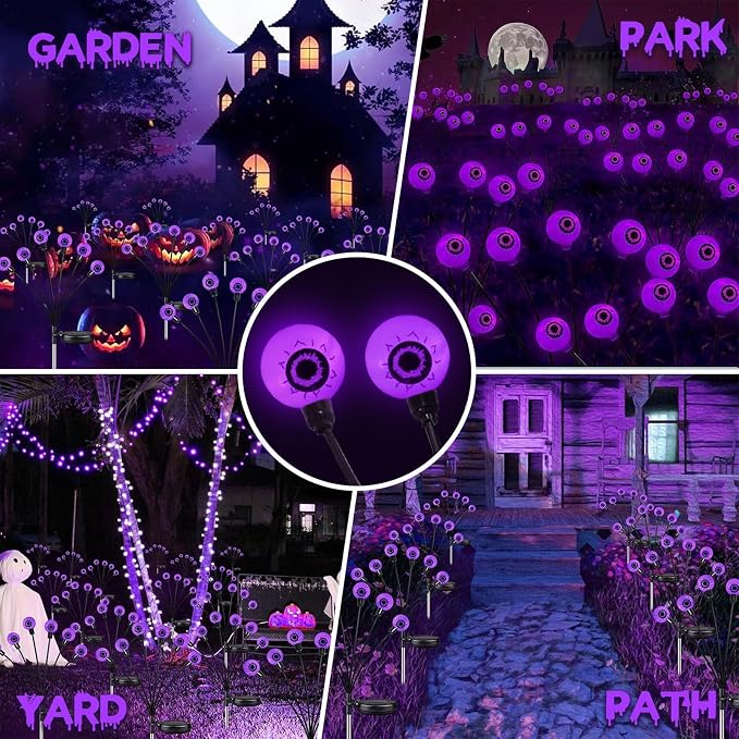 Solar Halloween Decorations Outdoor 4 Pack 24LED Purple Solar Eyeball Light | Newly 3-Tier Design, 2 Lighting Modes, Auto ON/OFF, IP65 Waterproof, Firefly Lights for Walkway Yard Lawn Garden Horror Party