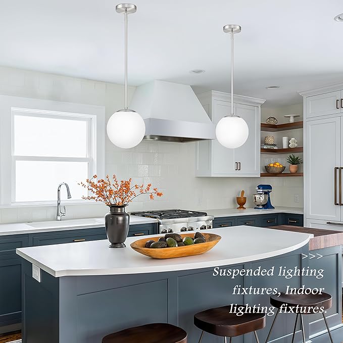Bagood 8 Inch Globe Pendant Light Nickel Globe Pendant Lights Kitchen Island Mid Century Light Fixture with Milky White Glass Contemporary Adjustable Hanging Lights for Dining Room (Bulb Included)