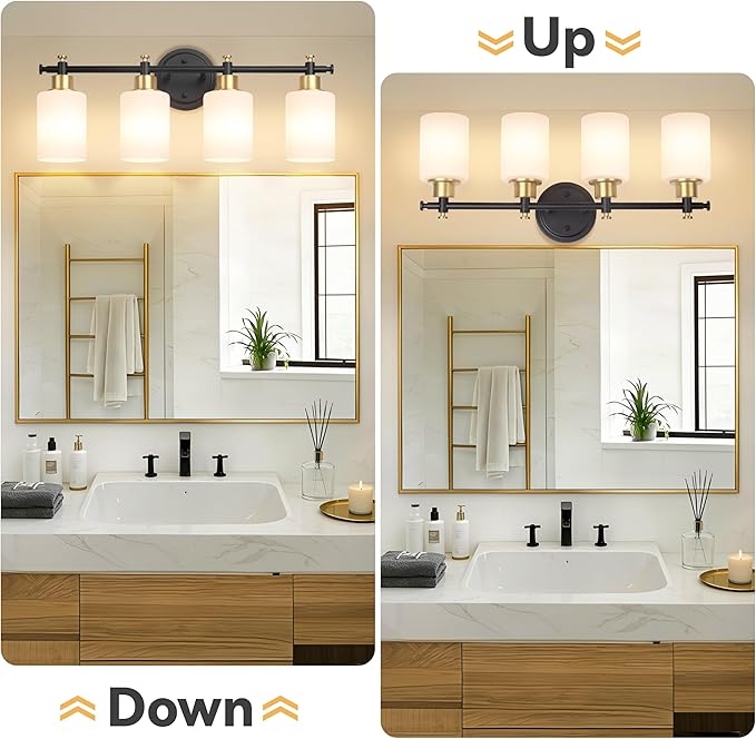 4-Light Bathroom Vanity Light, Modern Black and Gold Vanity Lights for Bathroom, White Frosted Glass Shades, Anti-Rust Vanity Light Fixture over Mirror, 23 Inch (Bulbs Not Included, E26 Base)