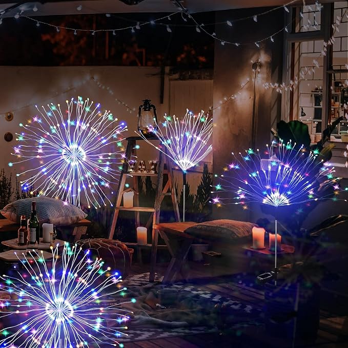 JJGoo Solar Firework Lights, 2 Pack 150 LEDs 2 Lighting Modes Solar Lights Outdoor Waterproof for Garden Patio Walkway Pathway Party Wedding Christmas Decorative - Mixed Color