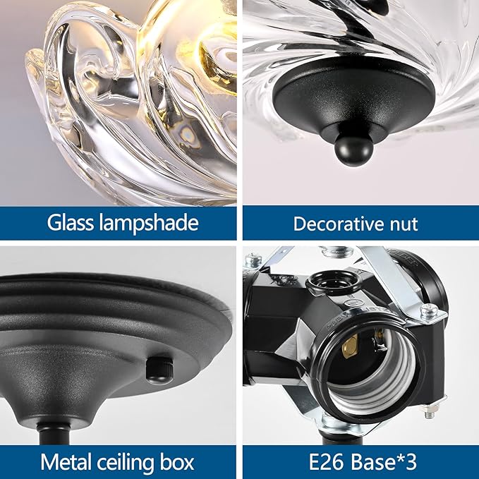 HuixuTe Modern Semi Flush Mount Ceiling Light, 3-Light Black Close to Ceiling Light Fixture with Clear Glass Shade for Living Room Entryway Bedroom