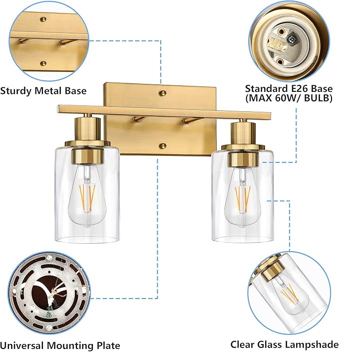 ShineTech 2-Light Gold Bathroom Vanity Fixtures, Modern Wall Lighting with Clear Glass, Brushed Brass Wall Sconce Light for Mirror, Living Room