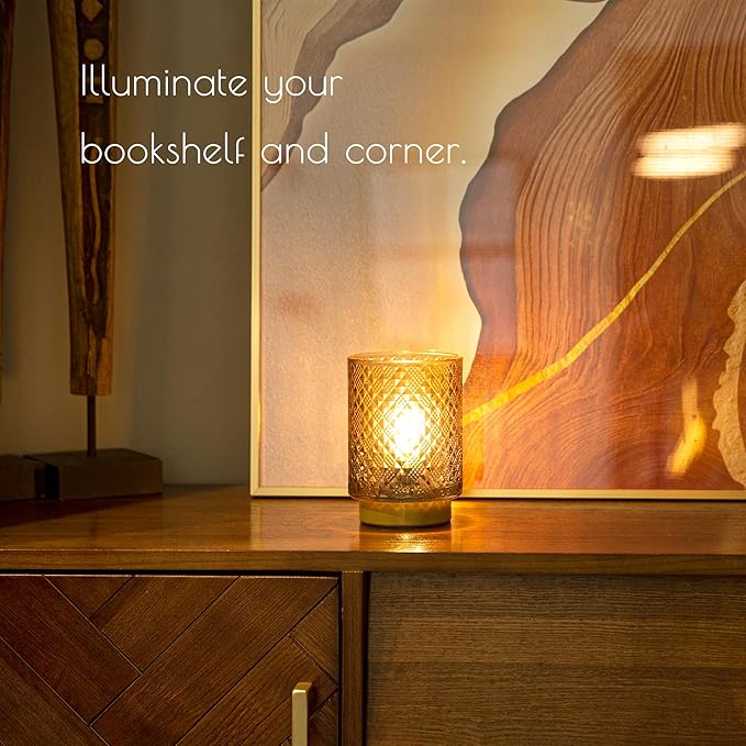 LUSHARBOR Battery Operated Lamp with Timer, Small Table Lamp Bedside Decor Ambient Light, Glass Cordless Battery Lamp for Bookshelf Living Room Entryway Diamond Design-Amber