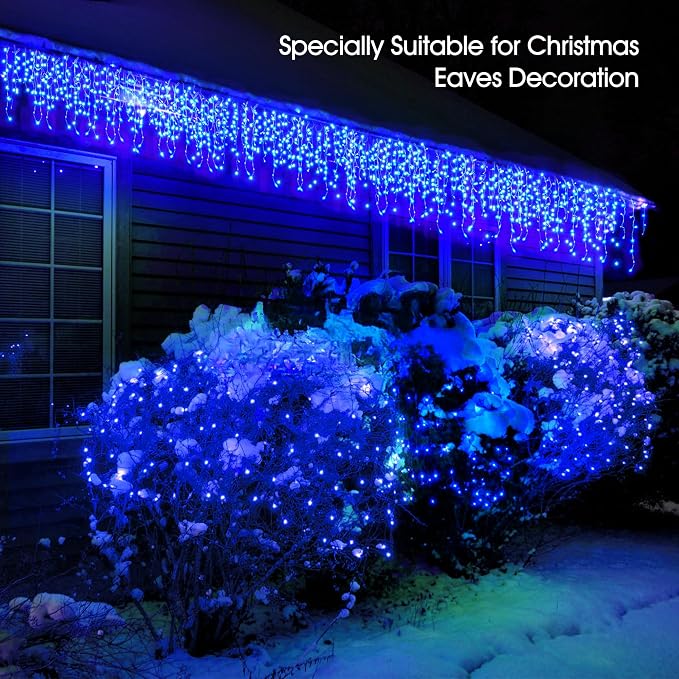 WBao Icicle Lights Outdoor, 432 LED 33FT Christmas Lights With 81 Drops, Remote Control, 3 Timer Settings, 8 Modes, Waterproof, Connectable for Wedding, Holiday Eaves Decor, Blue