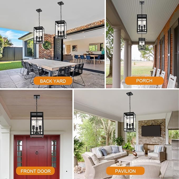 VINLUZ 3-Light Outdoor Pendant Light, 16" Matte Black Outdoor Hanging Light Fixture with Adjustable Chain, Exterior Linear Chandelier Hanging Lantern for Entryway, Patio, Garden, Front Door