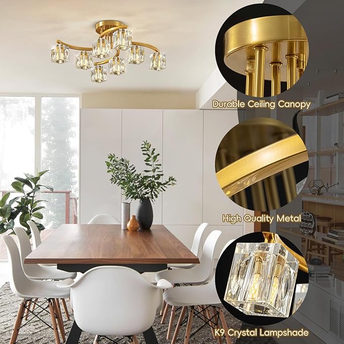 Gold Semi Flush Mount Ceiling Light Fixture, 8-Light Modern Chandelier with K9 Crystal for Living Room, Bedroom, Kitchen,Entryway Light