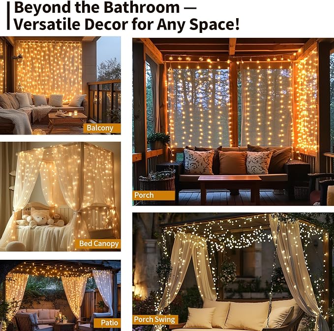 Waterproof LED Shower Curtain Lights - 72 Inch Fairy Lights for Bathroom, 8 Modes Warm White Spa Mood Lighting for Dark Bathrooms and Outdoor Décor (No Curtain)