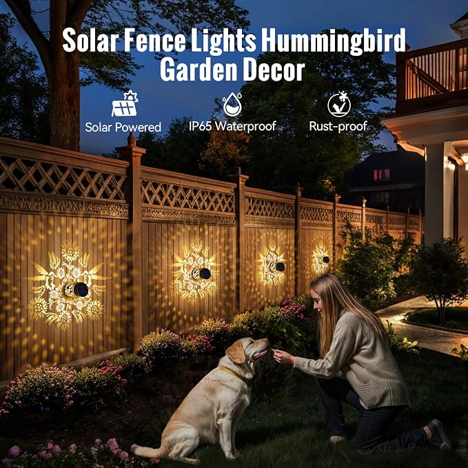 Solar Mandala Fence Lights Outdoor Decoration 4 Pack, Solar Wall Step Deck Lights Outdoor Garden Decor with Hummingbird Sunflower Theme for Yard Art Porch Patio Backyard Garden Decor
