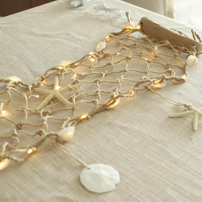 Seashell Garland 6.0FT (Length) × 0.5FT (Height) Rectangular Net Lights Beach Decor USB Battery Operated Ocean Light with Real Starfish Sand Dollars - Magic Conch Shell Beach Decorations for Home