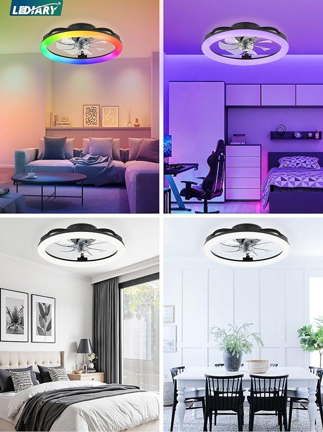 LEDIARY RGB Low Profile Ceiling Fans with Lights and Remote, 20 Inch Dimmable Modern Fan Light(3000K-6000K), 6 Speed, Reversible, APP & Remote Control, Flush Mount Ceiling Fan for Bedroom, Black