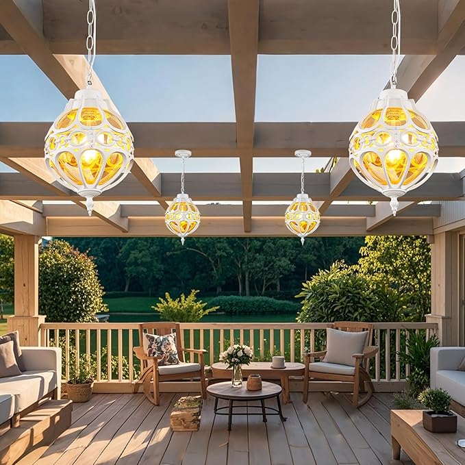 Globe Outdoor Pendant Lights,Vintage Exterior Hanging Pendant Light Fixtures with Adjustable Chain, Aluminum White Outdoor Chandelier for Porch, Gazebo, Entryway,No Sensor,General