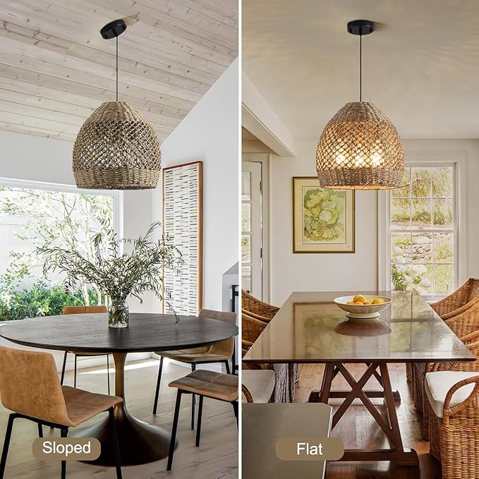 13.39" Rattan Pendant Light,Boho Hand Woven Wicker Hanging Light Natural Grass Rattan Chandelier for Dining Living Bedroom (Sand Black+Rattan)