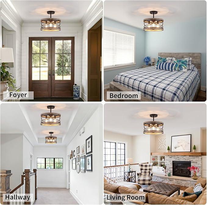 Farmhouse Flush Mount Ceiling Light Fixture, 3-Light Rustic Ceiling Lights Round Drum Metal Industrial Entryway Light Fixture for Hallway Living Room Bathroom Dining Room Kitchen