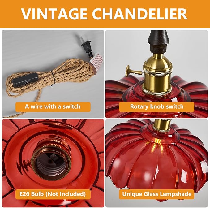 Modern Red Plug in Glass Pendant Light Retro Flower Glass Hanging Lamp Gold Brass Decorative Adjustable Ceiling Hanging Light Suitable for Kitchen Island Bedroom Dining Room Living Room