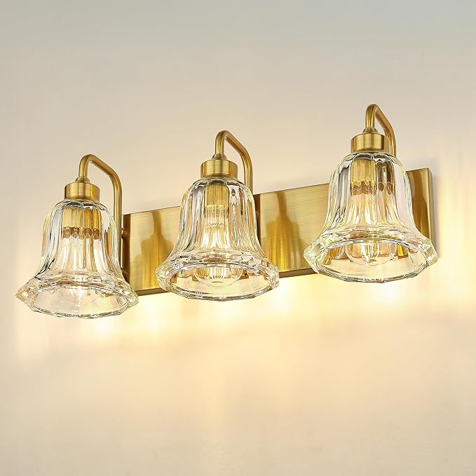 zeyu 3-Light Gold Bathroom Vanity Light with Clear Striped Glass, Modern Brass Vanity Light for Bathroom Mirror, 22 Inch Bathroom Lights Over Mirror, ZJX117B-3W BG