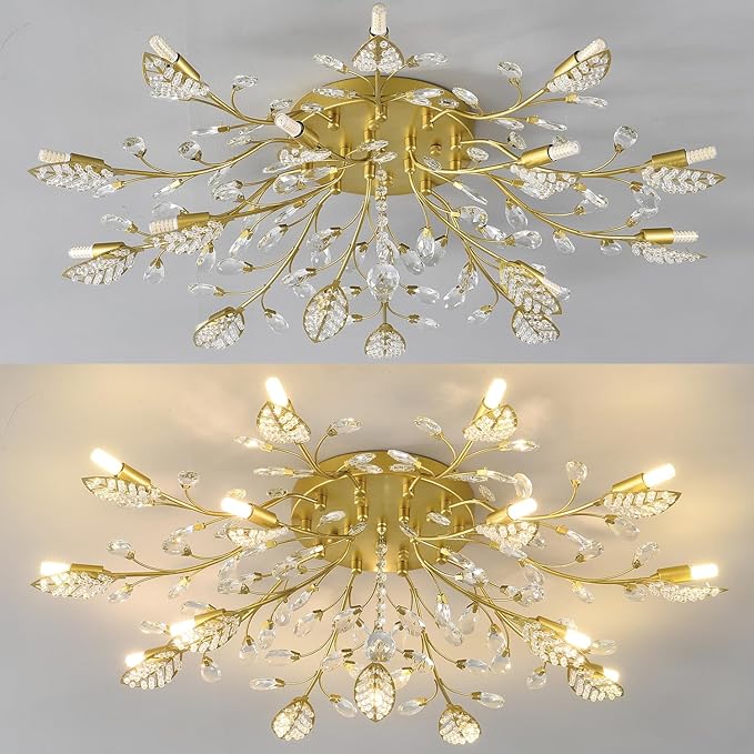 Crystal Ceiling Light Fixture Gold Leaves Semi Flush Mount Ceiling Lights,Kitchen Lighting Fixtures Ceiling for Bedroom Living Room Dining Room Hallway