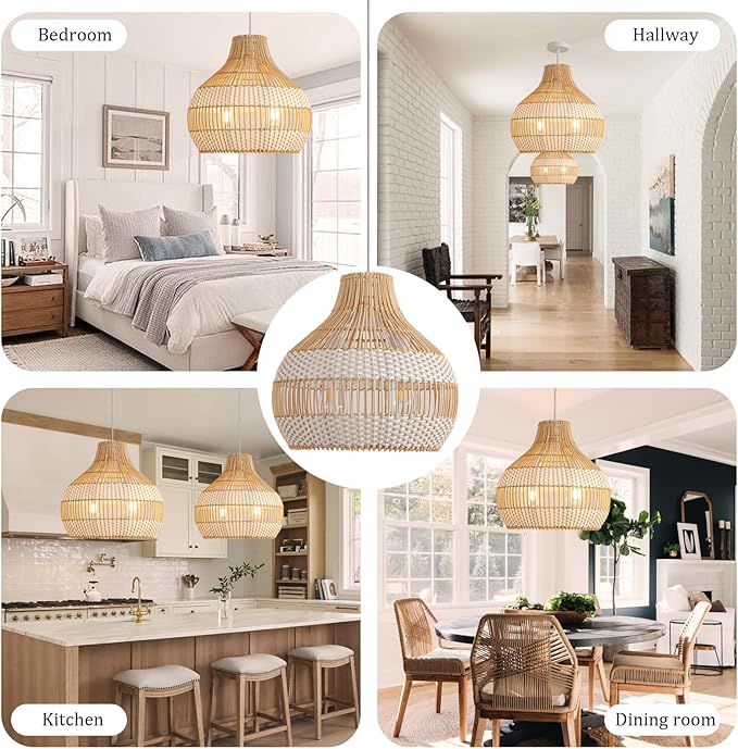 14.56" Rattan Pendant Light Fixture,2-Light Hand-Woven White Wicker Basket Chandelier 1-Pack Boho Faux Rattan Hanging Lamp,for Dining Living Bedroom Kitchen