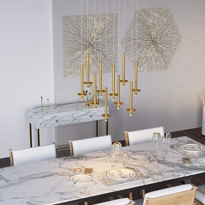Draco 10 Pendant Lighting Brass – LED Hanging Light Fixture for Kitchen Island, Bar, Foyer – Equilateral Cluster of Mini Metal Rod Pipe Tube Cylinders – Dimmable, Adjustable Wire, Lamp Bulb Included