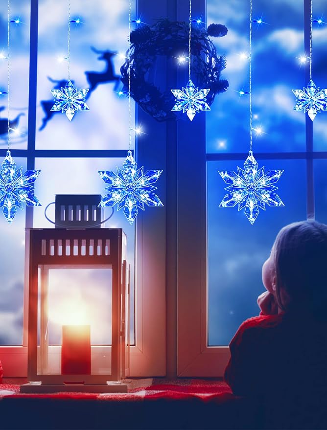 Christmas Snowflake Lights Outdoor,8.2 FT 144 LED Snowflake Icicle Lights with 12 Drops,8 Modes Timer Waterproof Connectable Xmas Light for Eaves,Windows,Curtain,Indoor Outdoor(Blue White)