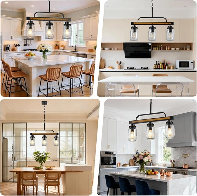 3-Light Farmhouse Dining Room Chandelier, Black Mason Jar Chandelier Lighting Fixture for Kitchen Island, Dining Table, Rustic Linear Cluster Hanging Pendant Light, Faux Wood with Glass Shade