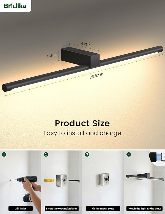 Bridika Metal Picture Light for Wall 23.6inch, Battery Operated Art Light for Paintings Wireless with Remote & Timer, 3 CCT, Dimmable Wall Lights for Picture, Gallery, Artwork, Portrait Black 1