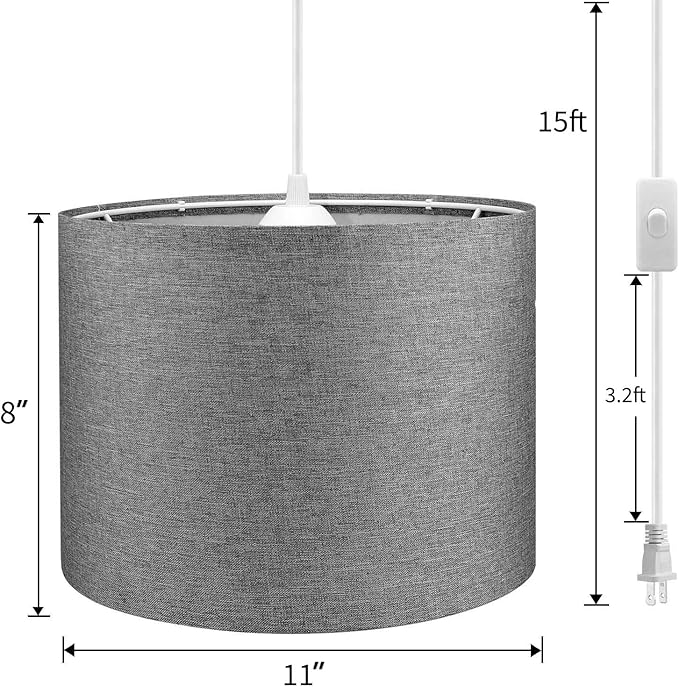 KUAUGST Plug in Pendant Light, 15 FT Hanging Lamp with Plug in Cord, On/Off Switch, Pendant Lighting with Fabric Shade, Hanging Light Fixture for Living Room, Bedroom, Dining Room, Kitchen (Gray)