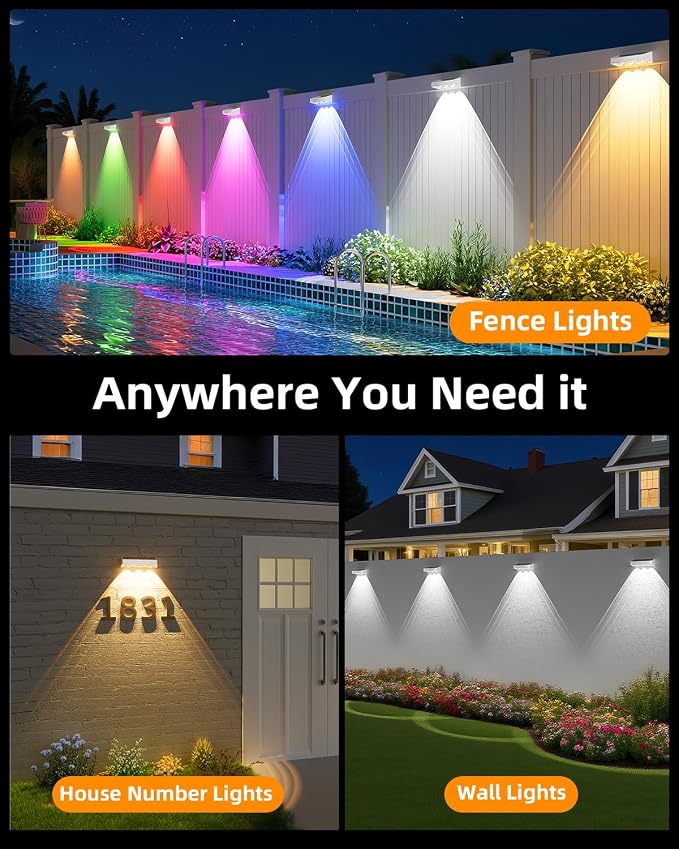 JOFIOS Solar Fence Lights 16 Pack, Warm White, Cool White and RGB Color Glow LED Solar Light, IP65 Waterproof Fence Lights Solar Powered for Patio, Backyard, Railing, Deck and Wall