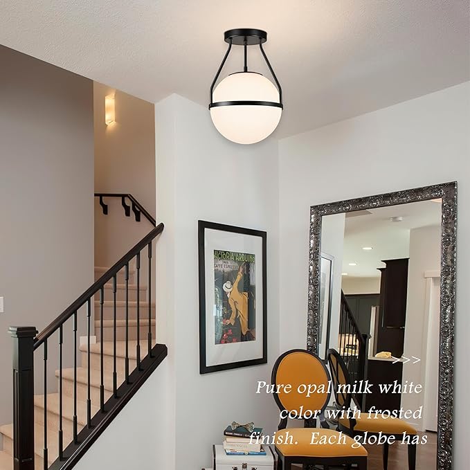 Bagood 10" Mid Century Ceiling Light Modern Semi Flush Mount Ceiling Light Fixture Globe Ceiling Light Fixture with Milk Glass Shade Matte Black Finish for Kitchen Island Hallway Foyer (Bulb Incl.)