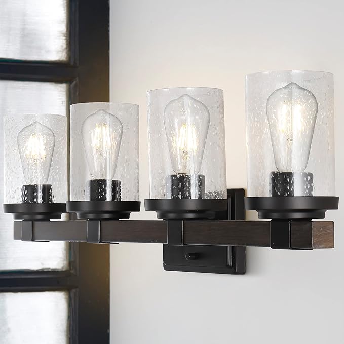 JONATHAN Y 32" Oil Rubbed Bronze LED Vanity Light, Rustic Farmhouse Sconce, Clear Seeded Glass Shade, Industrial Wall Lamp for Bathroom Mirror, Kitchen Sink, LED Bulb (JYL7510A)