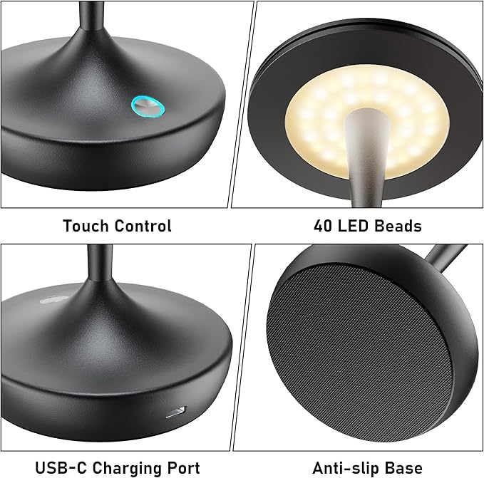 YHT CordlessTable Lamps Rechargeable, 6000mAh Battery Portable LED Touch Led Table Lamp, 3-Color Stepless Dimming & Memory Function, for Outdoor, Dinning, Patio, Restaurant, Kitchen (Black)